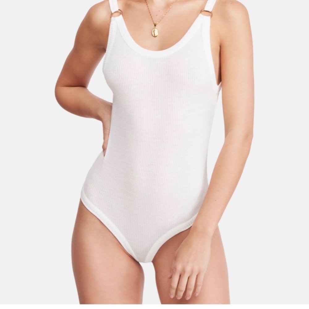 Free People Women’s Ribbed White O-Ring Bodysuit
